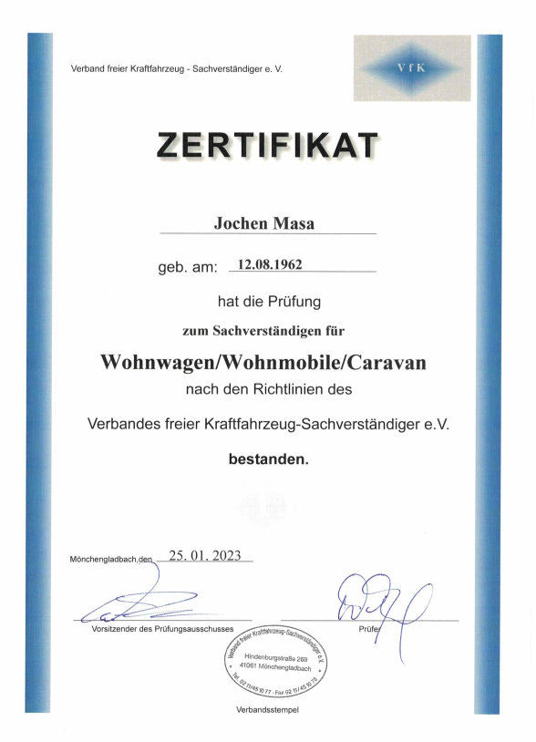 Zertifikat Sachverständiger für Wohnwagen/Wohnmobile/Caravan